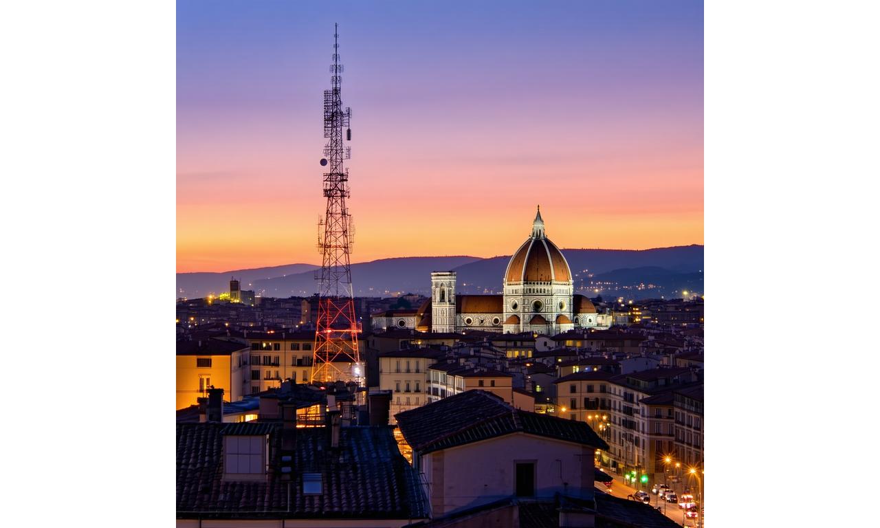 Torre 5G al tramonto su skyline di Firenze